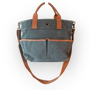 Levenger Bloomsbury Blue Canvas Bag with Brown Leather Accents